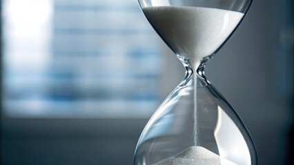 A glass hourglass with white sand flowing through its center, symbolizing the passage of time.