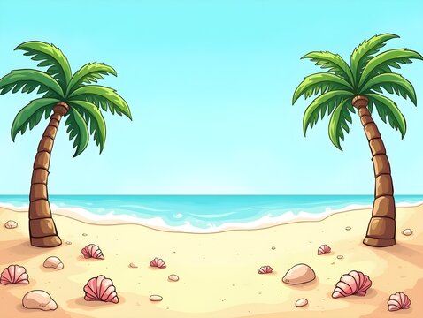 A cartoon drawing of a beach with shells and palm trees