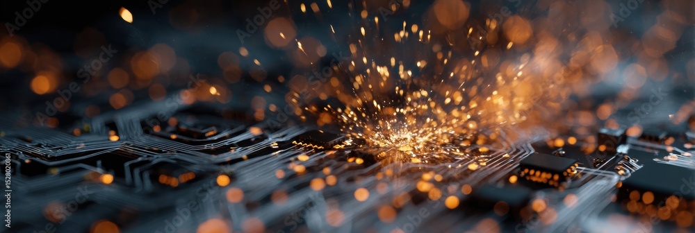 Poster fragment of a circuit board exhibiting malfunction with sparks and electronic activity captured in c