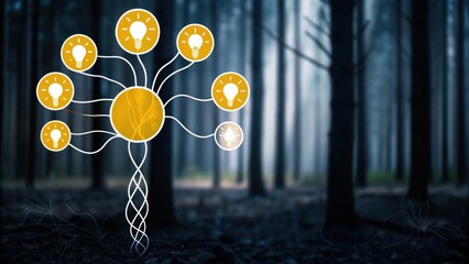 A tree-like diagram with glowing light bulbs as branches stands out against a dark, misty forest background.