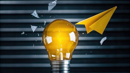 A yellow paper airplane shatters a glowing light bulb against a striped background, symbolizing innovation and creative ideas.