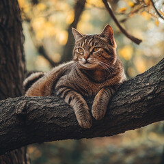 A beautiful cat is resting on a tree branch.