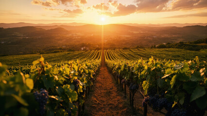 Fototapeta premium Vineyard sunset golden hour rows grapes wine country landscape