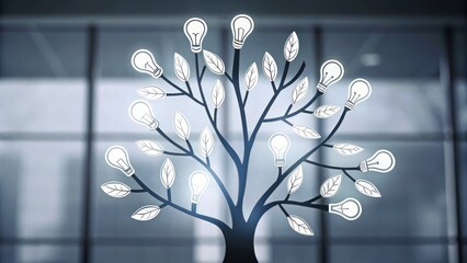 A tree with branches and leaves, where lightbulbs replace some leaves, symbolizing ideas and innovation.