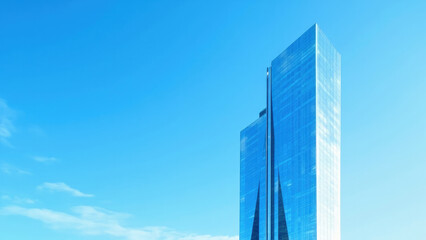 Modern glass skyscraper building blue sky background
