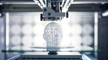 A 3D printer creates a wireframe human head model, symbolizing innovation and advanced technology.