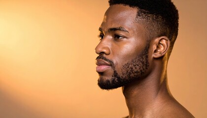 Close-up profile of a man with a well-groomed beard, against a warm gradient background, showcasing confidence and poise