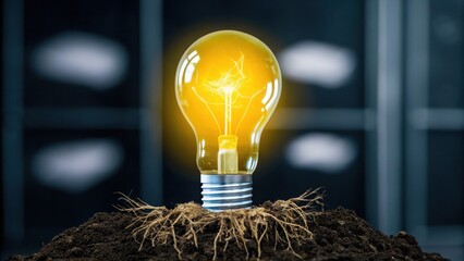 A glowing light bulb emerges from soil with roots, symbolizing innovation, growth, and sustainable energy.