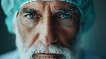 A powerful close-up of a senior surgeon’s face, showcasing his intense blue eyes and wisdom, symbolizing dedication and experience in the medical field.