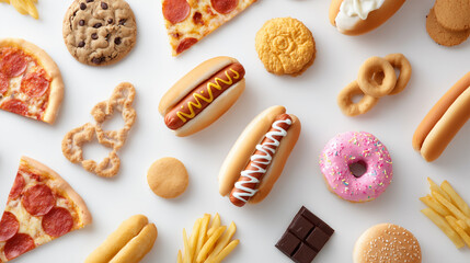 A top-down view showcases a diverse array of popular fast food and snack items spread out on a white surface. It includes hot dogs, pizza slices, donuts, french fries, onion rings, cookies, chocolate