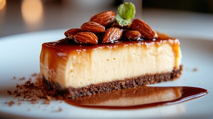 A mouthwatering slice of cheesecake topped with almonds is presented beautifully on a plate, embodying indulgence and culinary art that tempts the senses and invites enjoyment.