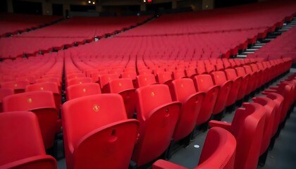Naklejka premium Red stadium seats. Empty sports arena seating. Rows of chairs are ready for a football game or, concert. Public place. Nobody. Rows of seats. Sport event background., created with generative ai