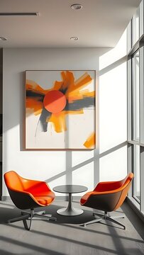Modern interior design for a living room with a fireplace, tural light from a large window, and minimalist wall art Generated using Raphael AI (free version with commercial use rights)
