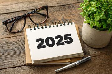 A calendar with the year 2025 written on it sits on a wooden table. The table is surrounded by potted plants and a pair of glasses