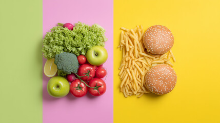 This overhead shot displays a clear distinction between a selection of fresh vegetables and fruits on the left, and various junk food items on the right. It visually represents the dichotomy of dieta