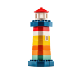 Colorful lighthouse toy decoration for play and learning on a transparent background, cut out