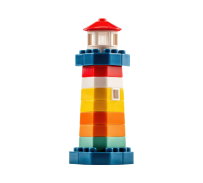 Colorful lighthouse toy decoration for play and learning on a transparent background, cut out