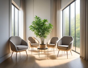 a minimalist interior scene featuring four modern upholstered chairs and a lush green plant illuminated by natural light streaming through the windows