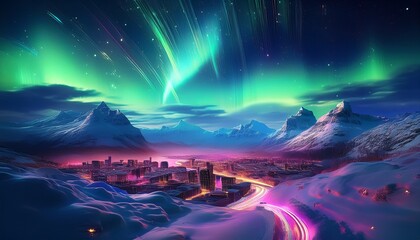 aurora cityscape neon lights ignite the night sky as a futuristic city nestles within a snowy mountainous expanse an aurora borealis dancing overhead
