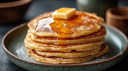 Delicious golden pancakes stack with melting butter and syrup, cozy breakfast