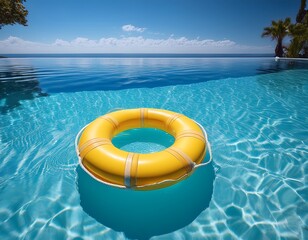 sunshine oasis a vibrant yellow life preserver floats gently atop a crystal clear pool capturing the essence of relaxation and summer serenity