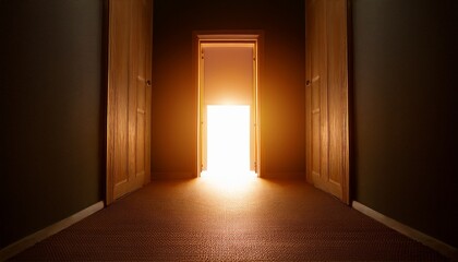 a single doorway with a warm light pouring through it casting a glow on the surrounding area