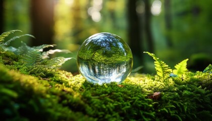 crystal ball in lush forest a captivating crystal ball rests gracefully upon a bed of vibrant moss and foliage