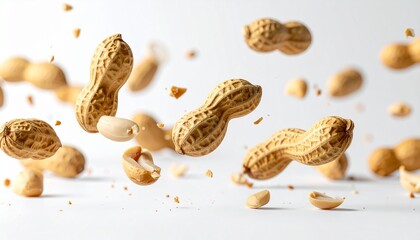 peanuts in shells floating mid air against a white background in dynamic motion