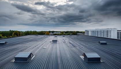 industrial building with flat roof under grey cloudy sky rooftop building rooftop building