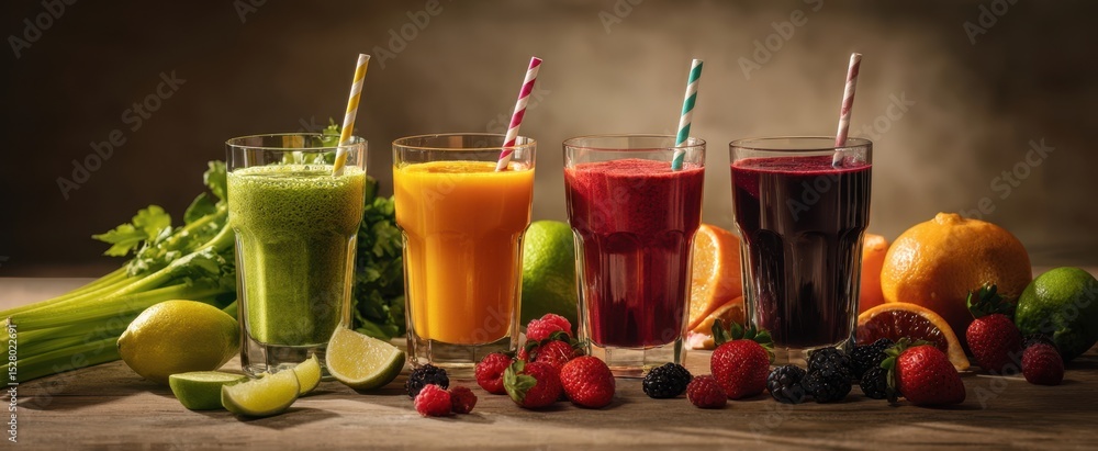 Poster the vibrant array of colorful smoothies showcasing freshness and health.