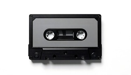 Fototapeta premium Blank white video cassette tape mockup, Black and white retro design. Vintage tape for old stereo music player. Music recording concept. Nostalgia for 70s 80s 90s, created with generative ai