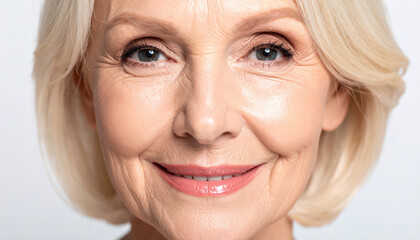 Close-up portrait of a happy older woman with short blonde hair and a warm smile against a neutral background