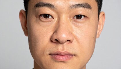 Close-up portrait of a thoughtful Asian man with clear skin and gentle expression against a light gray background