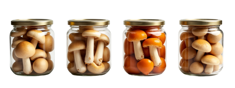 Three glass jars filled with different types of mushrooms.