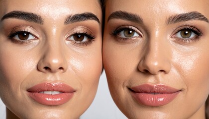 Close-up portrait of two women with radiant skin, showcasing different lip colors and makeup styles on a neutral background