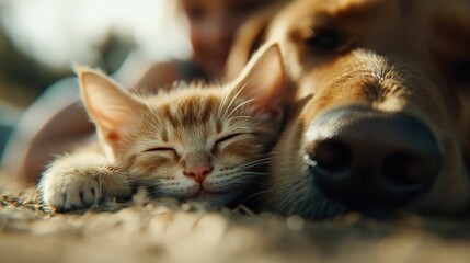 A heartwarming scene unfolds as an orange kitten snuggles beside a golden retriever, showcasing the beautiful bond between different species, representing love and companionship.