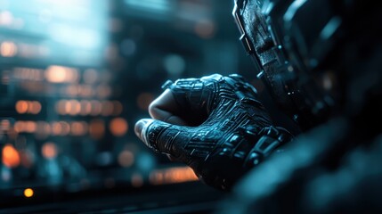 A futuristic hand adorned with intricate technology reaches out within a cyberpunk environment, reflecting innovation, advanced civilization, and the blending of humanity and machines.