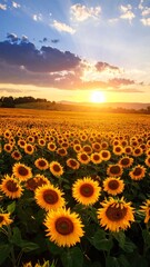 Beautiful sunset over big golden sunflower field in the countryside