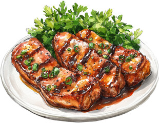 chicken rice teriyaki watercolor art painting drawing illustration 
