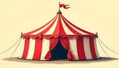 Vintage circus tent illustration. Retro design with striped pattern, red, white colors. Carnival, amusement, show, festival vibes. Classic fun, joyful entertainment, created with generative ai