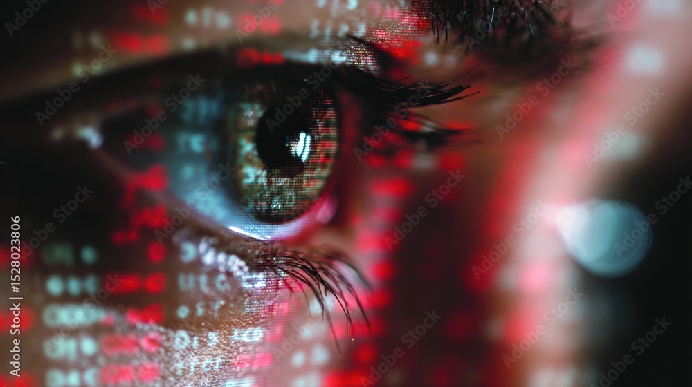 Poster Blurred Computer Screen Displaying Eye Strain Message in Dark Ambient Setting With a Clear Left Zone Revealing an Individuals Focused Gaze