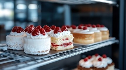 A tempting assortment of beautifully crafted cakes topped with fresh raspberries, showcased in a bakery display, inviting customers with their delectable appearance.