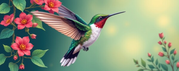 vivid hummingbird in an illustrative style, using emerald and coral tones, delicate lines, natural patterns, tranquil setting, high resolution