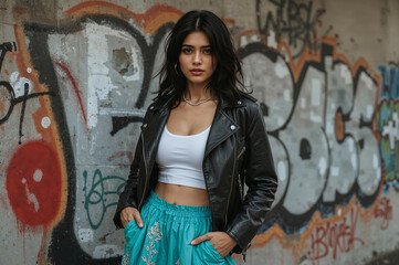 Naklejka premium Rebellious Spirit: Modern Woman with Vibrant Graffiti