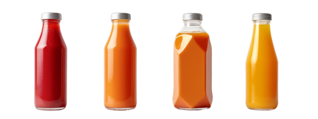 A row of four bottles of juice