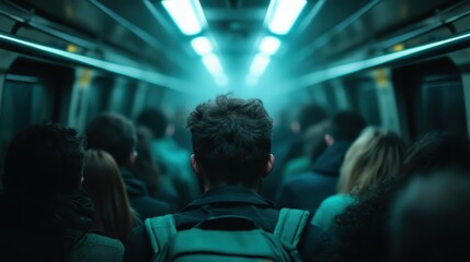 A silhouette of commuters in a dimly lit subway, emphasizing the atmosphere of urban exploration and the feeling of anonymity within a crowd of people.