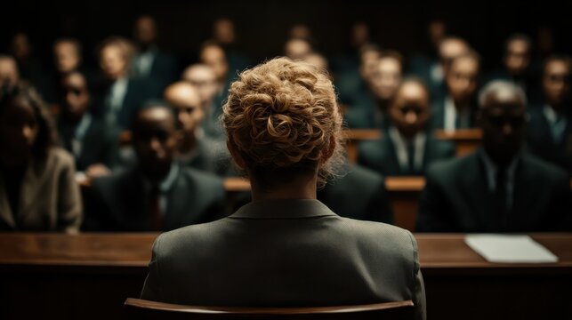 A woman stands confidently before a jury, symbolizing justice and the pursuit of truth in a courtroom setting, where legal battles unfold and lives are impacted.