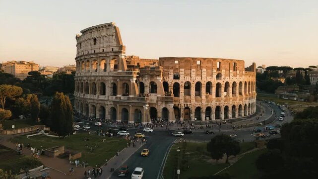 High aerial drone orbit around the Colosseum in Rome during sunset, showing the ancient amphitheater surrounded by modern city streets, monuments, and evening atmosphere.