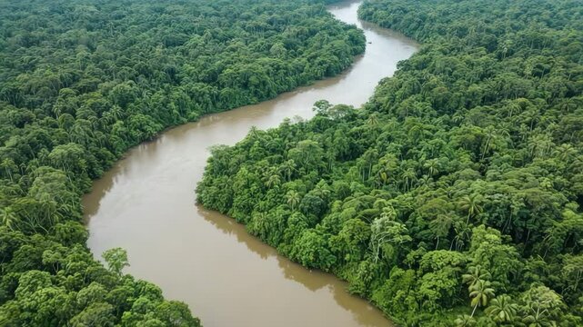 Dynamic aerial drone footage circling around a winding river in dense rainforest, capturing lush green jungle canopy and tropical wilderness from above in cinematic motion.