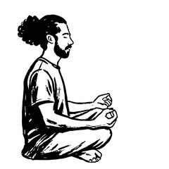Black Sketched Art of Man Meditating in Lotus Pose - Brush Ink Line Drawing